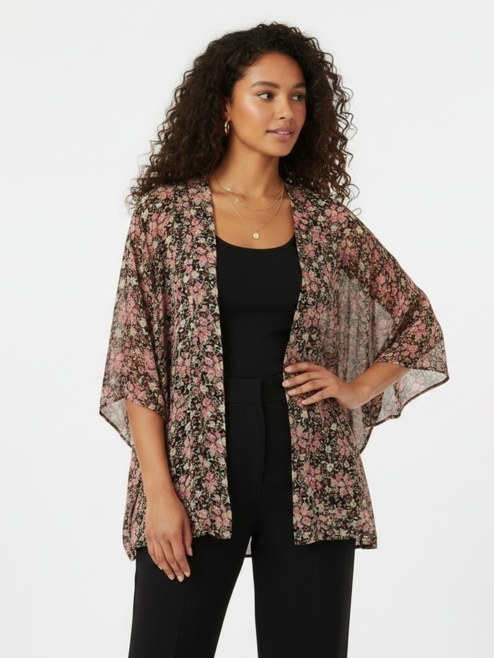 Free People Vtg Pink Floral Sheer Kimono Cardigan Small Boho Shrug Small